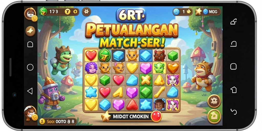 Gameplay Match-3 yang menarik dan penuh warna.