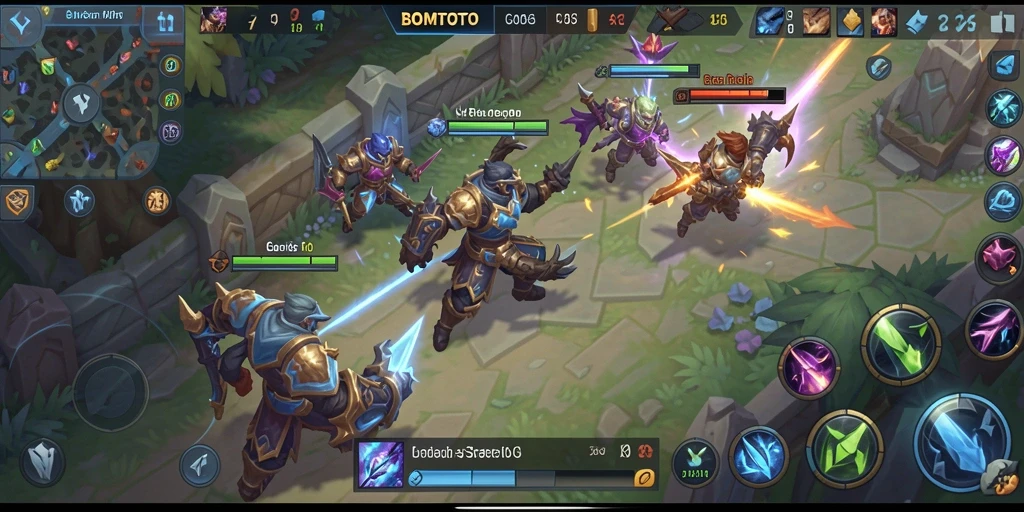 Screenshot gameplay <strong>BOMTOTO</strong> menampilkan aksi seru dalam pertempuran tim MOBA.