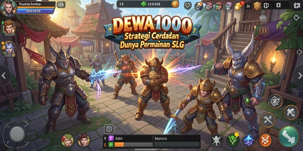 Tampilan utama gameplay DEWA1000 yang menampilkan pertempuran dan pembangunan kerajaan.
