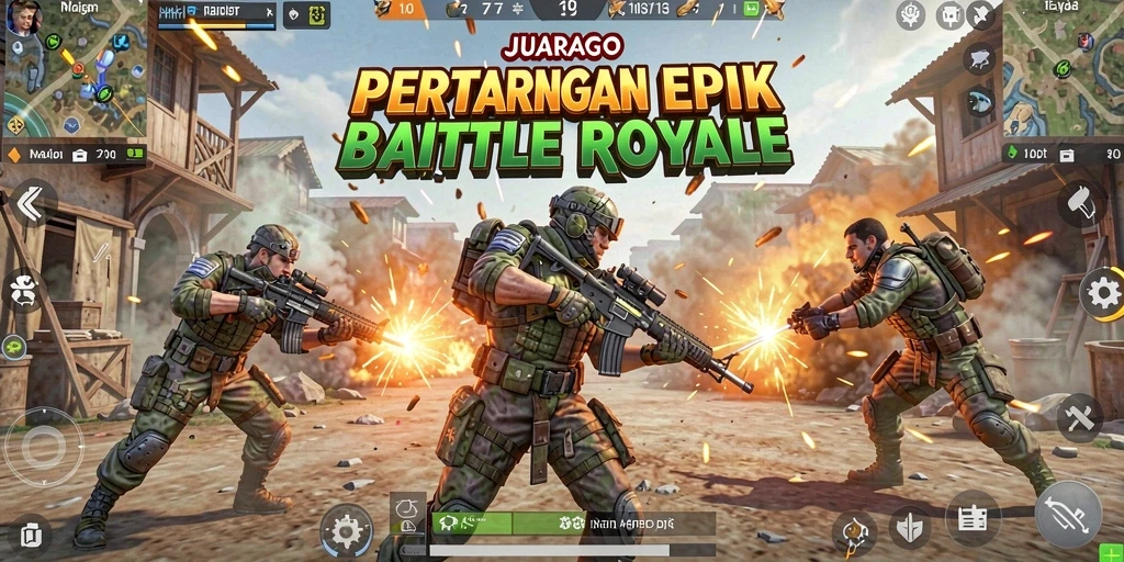 Tampilan mendebarkan dari gameplay JUARAGO dalam pertarungan Battle Royale.