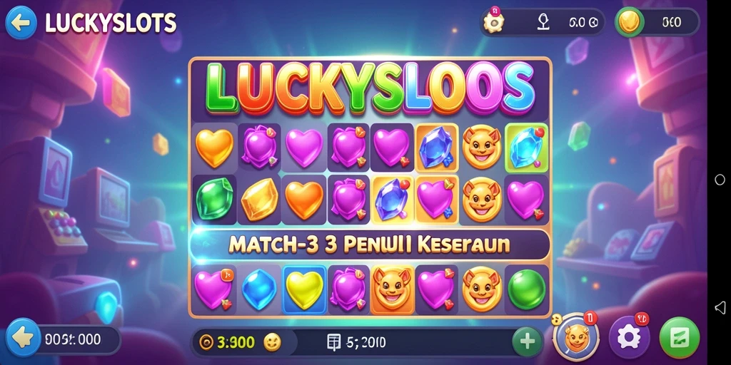 Tampilan gameplay seru LUCKYSLOTS dengan berbagai simbol yang harus dicocokkan.