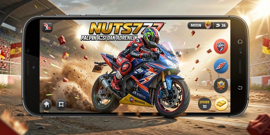 Screenshot gameplay NUTS777 yang menunjukkan balapan motor yang mendebarkan.