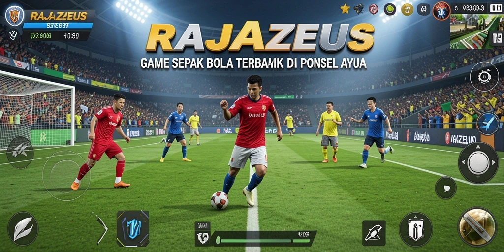 Tangkapan layar menunjukkan gameplay seru dalam RAJAZEUS yang penuh aksi sepak bola.