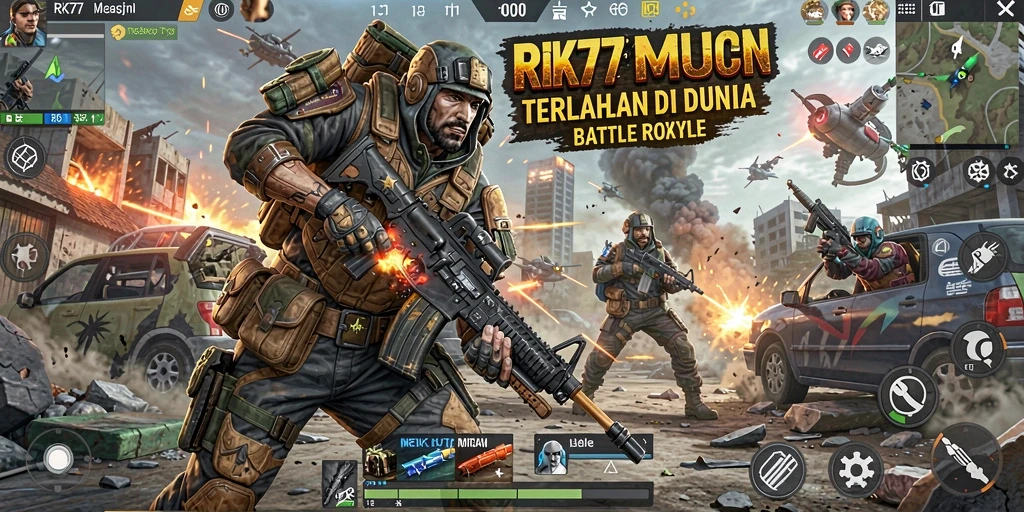 Screenshot utama RK77 menampilkan aksi seru dalam pertarungan Battle Royale.