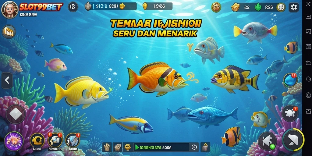 Screenshot gameplay SLOT99BET dengan ikan dan senjata yang tersedia.