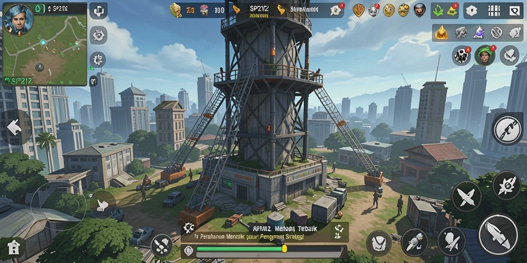 Screenshot gameplay SP212 yang menunjukkan menara menghadapi serangan musuh.