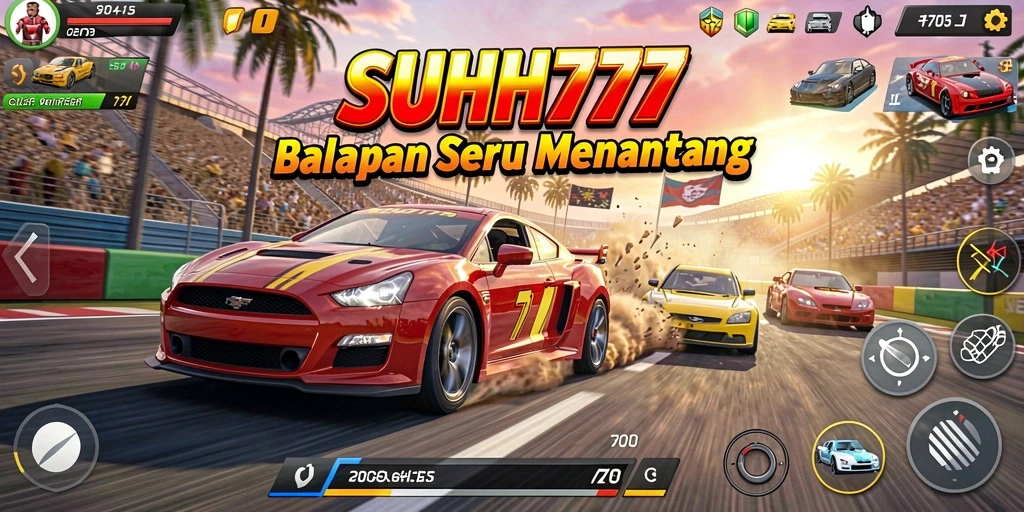 Screenshot utama SUHU777 menampilkan aksi balapan yang mendebarkan.